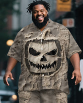 Big & Tall Men's Halloween Tattered Pumpkin Head Expression Print Short Sleeve Shirt Pants Suit